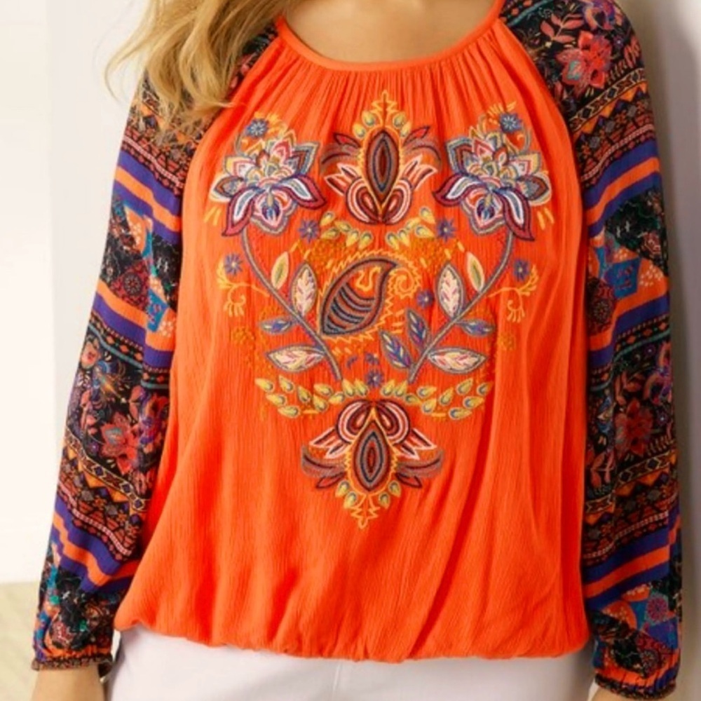 Soft Surroundings 3X Embroidered Blame Rio Shirt Blouse Hot Coral Plus Orange